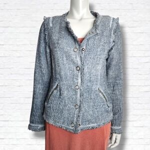 Lauren Vidal Cotton Denim Fringe Detail Snap Button Blazer Jacket Size M